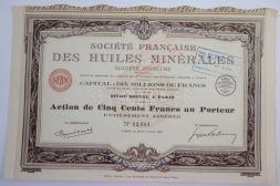 Акция Societe Francaise des Huiles Minerales, 500 франков, Франция