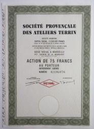 Акция Societe Provencale des Ateliers Terrin, 75 франков, Франция