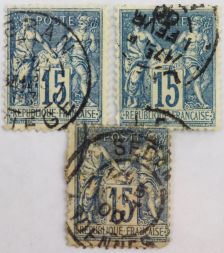 Марка 15 сантимов, Франция, Пакс и Меркурий (синий) 1877-1900 год