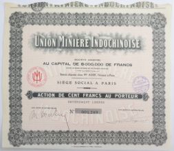 Акция Union Miniere Indochise, 100 франков, Франция
