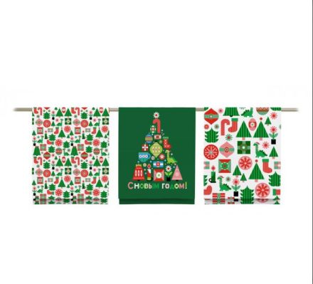 Полотенце вафельное купонное Новогодняя мозаика (зеленая) - упаковка 3 шт