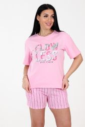 Пижама женская 009 с шортами розовый/клетка