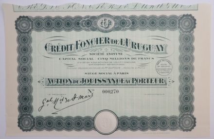 Акция Credit Foncier de L&#039;Uruguay, 1250 франков, Франция (зелёный)