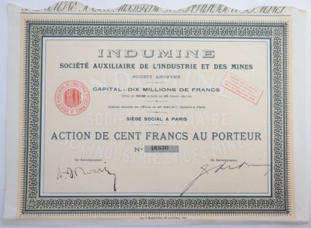 Акция Indumine Societe Auxiliaire de L&#039;Industrie et des Mines, 100 франков, Франция