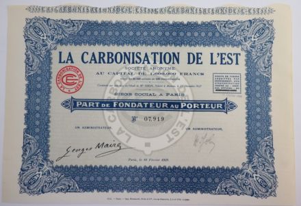 Акция La Carbonisation de L&#039;Est, 100 франков, Франция