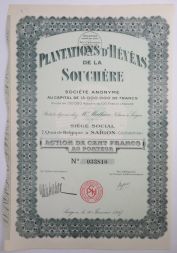 Акция Plantations d’Heveas de la Souchere, 100 франков, Бельгия