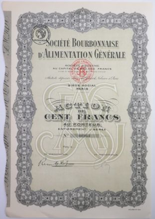 Акция Societe Bourbonnaise d&#039;Alimentation Generale, 100 франков, Франция