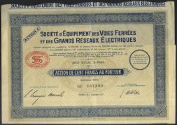 Акция Societe D'Equipement des Voies Ferrees et des Grands Reseaux Electriques, 100 франков, Франция