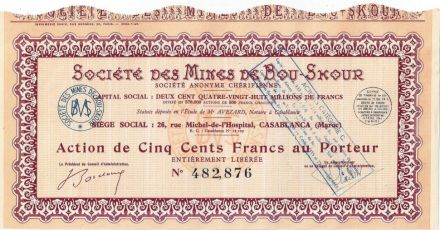 Акция Societe des Mines de Bou-Skour, 500 франков, Франция