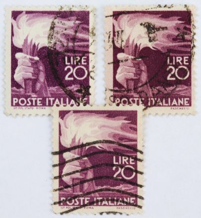Марка 20 лир, Италия, Пылающий факел (пурпурный) 1945 год