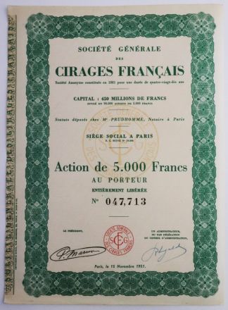Акция Societe Generale des Cirages Francais, 5000 франков, Франция