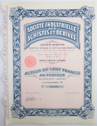 Акция Societe Industrielle des Schistes et Derives, 100 франков, Франция