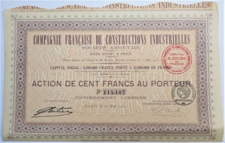 Акция Промышленное строительство, 100 франков, Франция, Капитал: 12 млн