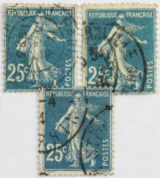 Марка 25 сантимов, Франция, Сеятель, сплошной фон, без пьедестала (синий) 1906-1920 год