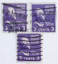 Марка 3 цента, США, Томас Джефферсон (темно-фиолетовый) 1938-1939 год