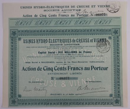 Акция Usines Hydro-Electriques de Creuse et Vienne, 500 франков, Франция (с корешком)