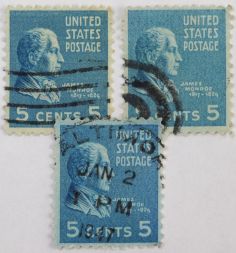 Марка 5 центов, США, Джеймс Монро (ярко-синий) 1938-1939 год