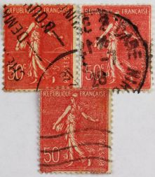 Марка 50 сантимов, Франция, Сеятель, без пьедестала, линии на заднем плане (красный) 1924-1926 год