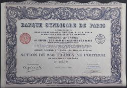 Акция Банк Парижского союза, 250 франков 1929 года, Франция