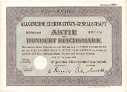 Акция Всеобщая электрическая компания AEG, 100 рейхсмарок, 1936 год, Германия