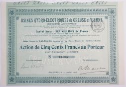 Акция Гидроэлектростанции в Вене и Крезе, 500 франков 1923 года, Франция