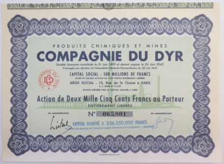 Акция Горно-химическая компания Dyr (Тунис), 2500 франков 1950 года, Франция