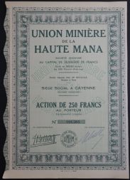 Акция Горнодобывающая компания Haute Mana (Гвиана), 250 франков, Франция