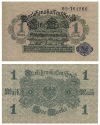 Банкнота 1 марка 1914 года, Германия (синяя печать) UNC