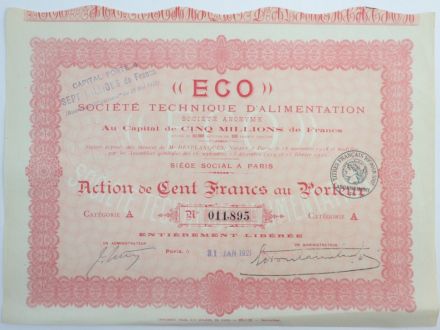 Акция &quot;ECO&quot; Societe Technique D&#039;Alimentation, 100 франков, Франция