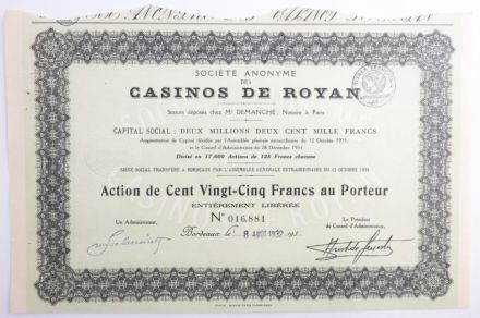 Акция Casinos de Royan, 125 франков, Франция
