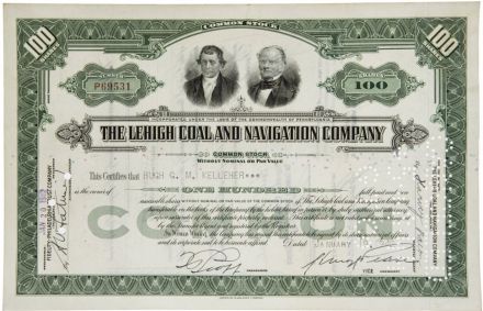 Сертификат на 100 акций The Lehigh Coal and Navigation Company, США (зелёный)
