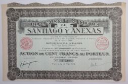 Акция Compagnie Miniere de Santiago y Anexas, 100 франков, Франция (1928)