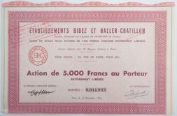 Акция Заведения Бидез и Халлер-Шатильон, 5000 франков 1952 года, Франция