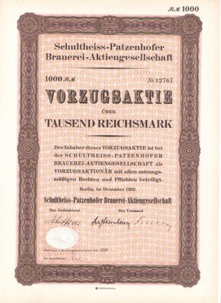 Акция Пивоварня Schultheiss Patzenhofer, 1000 рейхсмарок, 1932 г., Германия