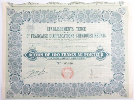 Акция Etablissements Tence Cie Francaise D&#039;Applications Chimiques Reunis, 100 франков, Франция