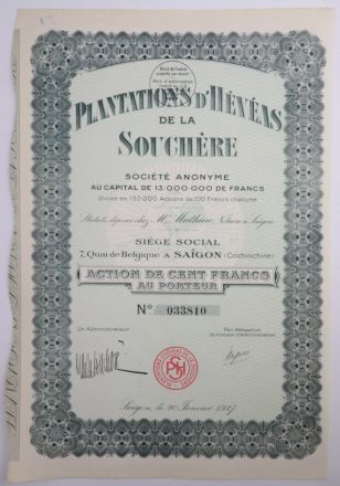 Акция Plantations d’Heveas de la Souchere, 100 франков, Бельгия